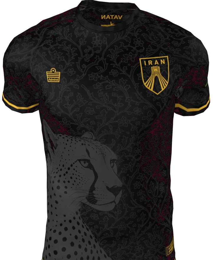 Front of the black Siah jersey with cheetah graphic and Azadi crest
